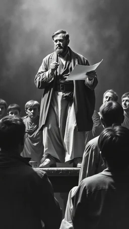 A man standing on a chair, giving a speech from a paper in his hand to surrounded people who are looking up at him the image is a highly detailed, monochromatic masterpiece. is depicted with breathtaking precision. The contrast of light and shadow, the intricate textures of fabric and skin, all combine to be so realistic, it almost appears to breathe. This work o