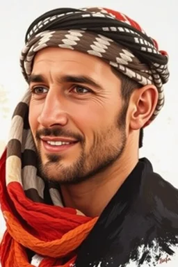 A Palestinian man, thirty years old, wearing a keffiyeh, has a beautiful face, turns his face to the right, has a slight smile, his mouth is closed and his teeth are not visible, his eyes are looking to the left, he appears to be drawn with oil paints