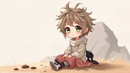 detailed digital art style, cute anime, detailed chibi face, sitting in pale color modern-fantasy clothes , messy hair random background, childbook style, highly detailed no photorealism