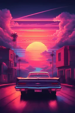 Retro wave, synth wave, with neon light, sunset, clouds, chevrolet coupe de ville 1966 car from the back, driving