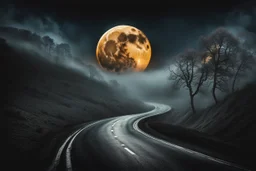 big full moon emerges from the fog over the road, the road twists and turns on the hills , psychedelic, gothic art, very detailed, cinematic, crepy stunning landscape