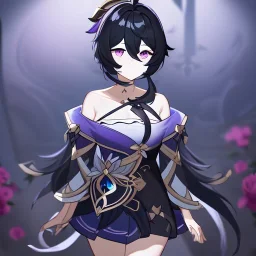 Clear focus, High resolution, rough line sketch art, long black hair, hair between eyes, fluffy hair, purple eyes, wearing a off shoulder shirt, no spaghetti strapes, dark aura, 1girl, wearing a skirt, genshin impact, genshin impact style outfit, (detailed outfit), (Lots of ribbons and flowers on outfit)