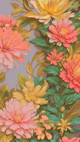 Beautiful vibrant vintage maximalist wallpaper, mid century pastel floral, busy wallpaper, hundreds of huge blooms of flowers. Intricate details, oil painting style. Gold accents, visible brushstrokes. Zoomed out, extremely detailed.