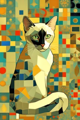 {A Siamese cat patchwork portrait by Klimt, Jennifer_lommers, Mondrian, van_Gogh, catrin_welz-stein, sachin_teng} [3d, hyperdetailed, intricate details, beautiful, polished finish] pop art, triadic colors, 8k, golden ratio, symmetrical, rule of thirds, geometric bauhaus