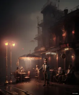 steampunk, cabaret scene. old man. little monkey, Sunglasses, rain, smoking, happy, hot. people background, highly detailed, concept art, unreal engine 5, god rays, ray tracing, RTX, lumen lighting, ultra detail, volumetric lighting, 3d, finely drawn, high definition, high resolution.