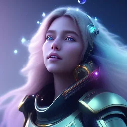 A portrait of a crystalline girl,smiling, longs blond hairs, galactic costume, atmospheric, realistic, cinematic lighting, octane render, purple and blue sky, nebula, stars, planets