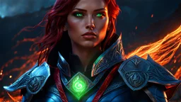 Armageddon. ragnarok. molten lava. 18 year old female sorcerer. magical green eyes. blue fire. red sparks. ray tracing. exquisite realism, a masterpiece, fantasy concept art, dynamic lighting, hyperdetailed, intricately detailed, deep color, Unreal Engine, volumetric lighting , Epic cinematic brilliant stunning intricate meticulously detailed dramatic atmospheric maximal, the naked truth