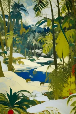 A white jungle with a toxic river in a snowstorm designed in German folk art painted by Paul Gauguin