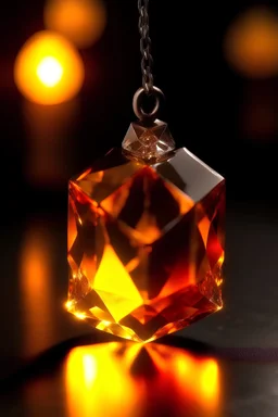 The gray translucent diamond shaped gem on the pendant wraps around an orange candle flame.