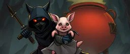 bad ninja police wolf carrying a lovely scared wtf are you up to, pig girl with dress under his arms, big cauldron in the background in the style of escher and giger