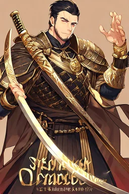 A handsome 30 year old knight, black hair, male bob haircut, in black-and-gold plate armor, golden katana in both hands, no beard, european, proper arms