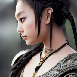 beautiful young asian queen with black armor, delicate black braided hair with ponytail, glass eyes, highly detailed, 8k, ambient light, taylor swift