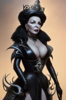 Joan Collins as evil queen in black leather, leather, busty, cleavage, angry, stern look. character design by cory loftis, fenghua zhong, ryohei hase, ismail inceoglu and ruan jia. unreal engine 5, artistic lighting, highly detailed, photorealistic, fantasy