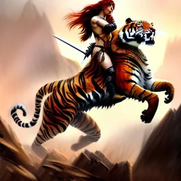 ultra detailed portrait of beautiful Red Sonja riding a Great tiger ,wearing plate armor, extremely detailed digital painting, in the style of Luis Royo and A.J. Manzanedo and Robert Howard and Earl Norem and fenghua zhong and ruan jia and jeremy lipking and peter mohrbacher, mystical colors, rim light, beautiful lighting, 8 k, stunning scene, raytracing, octane, trending on artstation