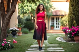 very beautiful lady with beautiful midi dark black-red skirt and top with curvy hair sports shoes standing in a nice villa yard with trees flowers ,16 by 9