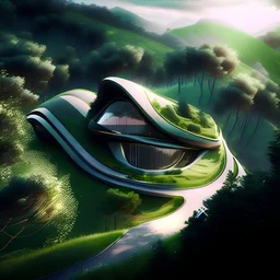 Casa futurista estilo Zaha Hadid colinas árboles gente clima claro vista aérea 8k