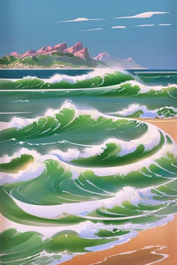 Vintage travel poster showcasing the majestic waves on beaches of Landes in France in a watercolor painting style reminiscent of 1930s European travel advertisements, like those by Henri Cassiers. The scene is captured during golden hour with soft glows highlighting the peaks, featuring muted pastels with pops of rich blues and greens. The composition offers a wide-angle view, with a focal length of around 24mm, presenting a vast mountain range at the center and a quaint village at the base.