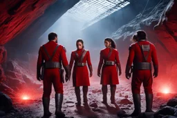 sci-fi enslaved in a mine, five prisoners, man, woman, Star Trek red-shirt, is mining in terrible conditions, they use dusty and rusty high tech tools, sparkles, sweat, hard work, sad mood
