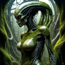 human female body xenomorph overgrown with moss, art peter Gric earl Norem Hajime Sorayama and Giger, steampunk, dieselpunk, detailed, complicated, photorealistic, 8k,