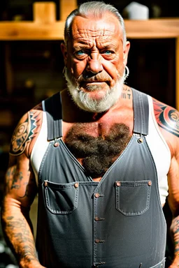 man 50 years old muscular chubby italian carpenter, in tank top , manly chest, tattoo, short beard, with overalls, in a wood shop, 35mm lens, photorealistic , side light