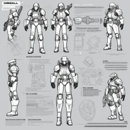 ConceptSheet for wii No More Heroes style with thick lines: sci-fi RPG Character Class Driller Character Class Concept: hDrill Gauntlets, Plasma Cutter, Exo-Suit, Multi-Tool Utility Belt, a weapon and all the package of a high-tech explorer