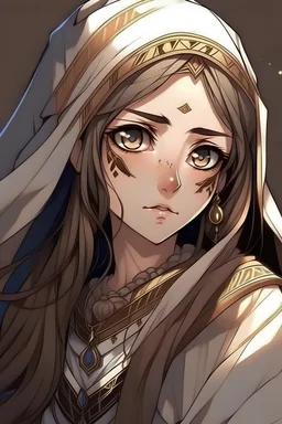 "Draw an Arab character, a girl wearing traditional Arab clothing, with a wounded eye that signifies her royal lineage. She has long brown hair. Draw her in an anime style, similar to Vanitas anime style