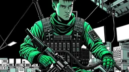 A strong teenage boy, wearing black tactical gear, works in a top secret Mobile Task Force Alpha-1 from SCP Foundation.