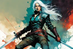 create an imaginative full body print illustration of an ethereal, otherworldly , ghost haired, female grandmaster Witcher in a tattered battle worn leather doublet and boots , in the comic book art style of Bill Sienkiewicz, Mike Mignola, and Jean Giraud Moebius, with highly detailed feminine facial features , finely drawn, colored and inked,