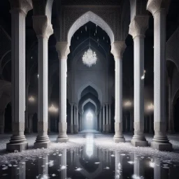 Hyper Realistic White Crystals Inside a Dark Abandoned Mosque with beautifully crafted pillars at Rainy night