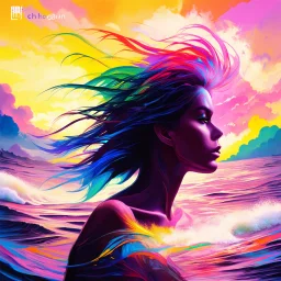 piece of album art with woman silhuette fusion in light, abstract style album cover, high level of noise and subtle texture, psychedelic cover, vibrant colors, ethereal sky landscape, shapes and waves.