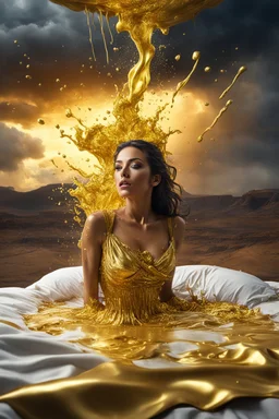 A hyper-realistic photo, beautiful woman in bed disintegrating into gold dripping ink and slime::1 ink dropping in water, molten lava, , 4 hyperrealism, intricate and ultra-realistic details, cinematic dramatic light, cinematic film,Otherworldly dramatic stormy sky and empty desert in the background 64K, hyperrealistic, vivid colors, , 4K ultra detail, , real photo, Realistic Elements, Captured In Infinite Ultra-High-Definition Image Quality And Rendering, Hyperrealism,
