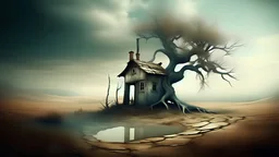 A IMAGE in a surrealistic style, showcasing a mystical landscape with a house, a well, and a dry tree. The distorted perspective and dream-like atmosphere create a sense of mystery and intrigue