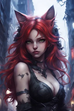 CAT GIRL, FANTASY, VINES, SOULLESS, FLUFFY TAIL, RED HAIR, METAL, CITY