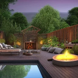 a gorgeous, stunning garden deck with rustic floor, wicker furniture, tranquil pool surrounded by smooth stones, lit candles, plants, cozy, 8k resolution, high-quality, fine-detail, zen-like, cozy, digital art, detailed matte, volumetric lighting, illustration, 3D octane render, brian froud, howard lyon, selina french, annie stokes, lisa parker, greg rutowski