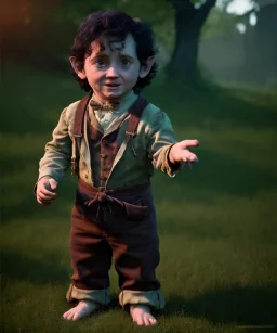 Frodo baggins toddler, full body, dramatic lighting, hyper realistic photorealistic, unreal engine 5, 8k