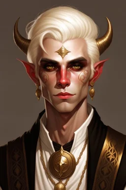 young man tiefling cleric with white blonde hair and gold jewelry, wearing white and gold, demon eyes with no pupils