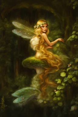 Fairy Princess, long blonde hair,long golden hair, Fairy crown ,fairy, fairy wings, flower crown,mushroom,sparkle,,Lilly of the valleys