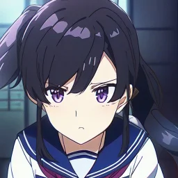 Clear focus, High resolution, short black fluffy hair, long locks, chopped bangs, pony tail, purple eyes, wearing a sailor uniform, (solo), anime screencap, pixel