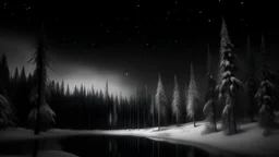 christmas time,photo of a snowy fir forest,christmas trees,black and white, midnight hour,fireflies,lakeside,8k, volumetric lighting, Dramatic scene,splash color,