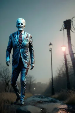 Ultra realistic image, joe biden zombie, zombie performance, suit, skull, blood, torn arm, night, walking twisted, waist up view, thriller style, dark ambient, highly detailed, White House background, concept art, unreal engine 5, god rays, ray tracing, RTX, focal lighting, ultra detail, volumetric lighting, 3d, finely drawn, high definition, high resolution.