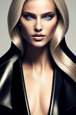 A portrait of a beautiful blonde woman, wearing black leather, dominant. Drawing, high quality, Ultra quality 8k.