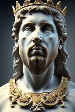 Ultra Realistic image, classical renaissance sculpture, white marble material, Lionel Messi, emperor style, gold Laurel leaves crown, chisel style, waist up portrait, epic, celestial, cinematic lighting, God light, god rays, 4k resolution, smooth details, ornate details, soft lighting, unreal engine 5, marble background.