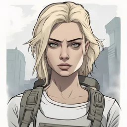 Portrait, brunette character with blond hair, t-shirt comic book illustration looking straight ahead, post apocalypse