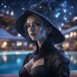 pen outline, layered, portrait of dark space witch with strong gaze, by the pool, pool contains floating star ship of extreme complexity and beauty,bokeh like f/0.8, tilt-shift lens 8k, high detail, smooth render, down-light, unreal engine