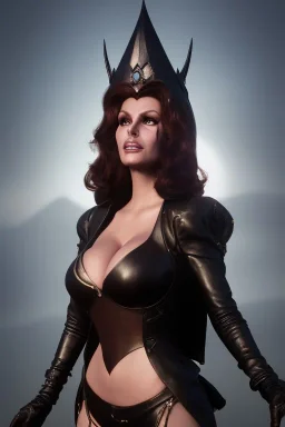 Raquel Welch as evil queen in black leather, leather, busty, cleavage, angry, stern look. character design by cory loftis, fenghua zhong, ryohei hase, ismail inceoglu and ruan jia. unreal engine 5, artistic lighting, highly detailed, photorealistic, fantasy