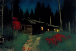 Night, cabin, pine trees, pathway, red flowers, theodore robinson impressionism painting