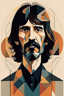 a highly detailed, abstract flat geometric portrait illustration of George Harrison in the minimalist style of Willi Baumeister, Federico Babina and Petros Afshar, sharply detailed and finely lined, in vibrant natural colors