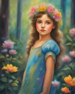 Oil pastel painting of a beautiful girl, floral dress, fantasy, beautiful portrait painting, cute face, dream, forest, sparkles background, glow, inspired by Thomas Kinkade, oil pastel painting, fantasy art, fairy, young girl, flowers, beautiful, colorful, fine art, romanticism painting, 8k