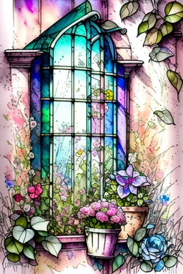 Shabby chic window with flowerpots and bouquets filled with beautiful flowers.full sunlight, stormy clouds, bird, watercolour and ink, stained glass Modifiers: elegant intricate beautiful fantastic view crisp quality colourful Jean-Baptiste Monge pastel colors full view