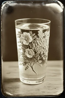 Verre d'eau avec des fleurs brodees, , tintype